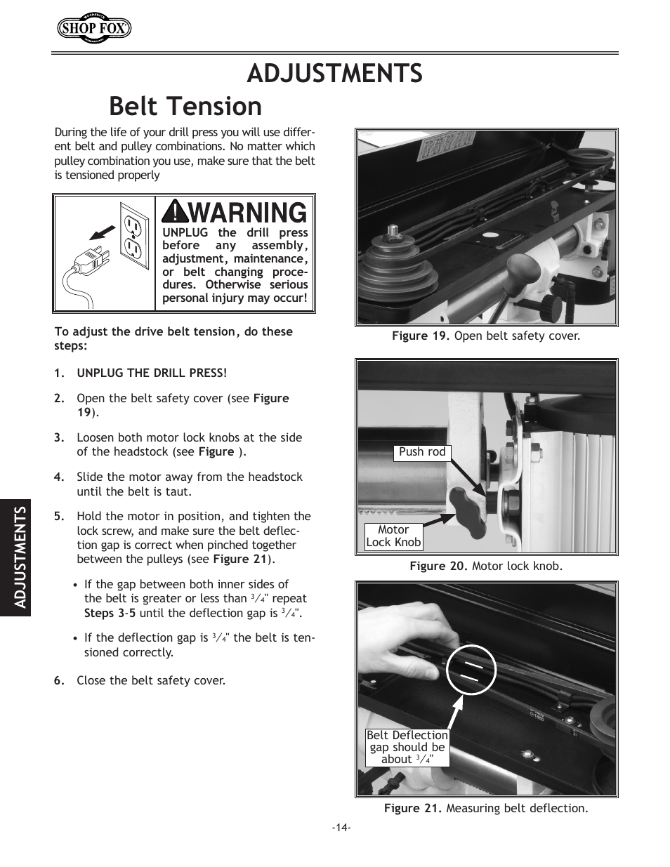 Adjustments belt.tension, Adjustments | Woodstock THE SHOP FOX D2722 User Manual | Page 16 / 44