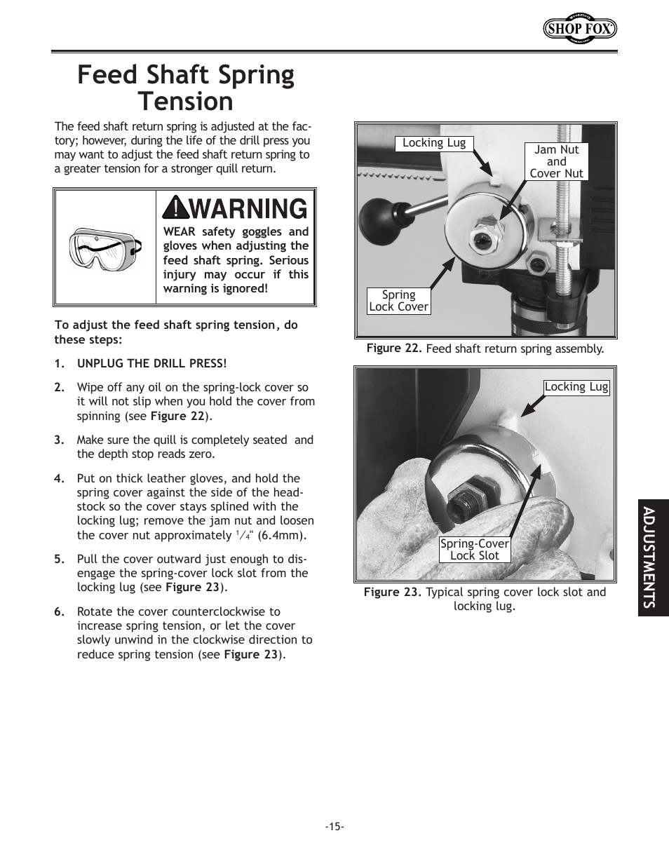 Feed.shaft.spring. tension, Adjustments | Woodstock THE SHOP FOX D2722 User Manual | Page 17 / 44