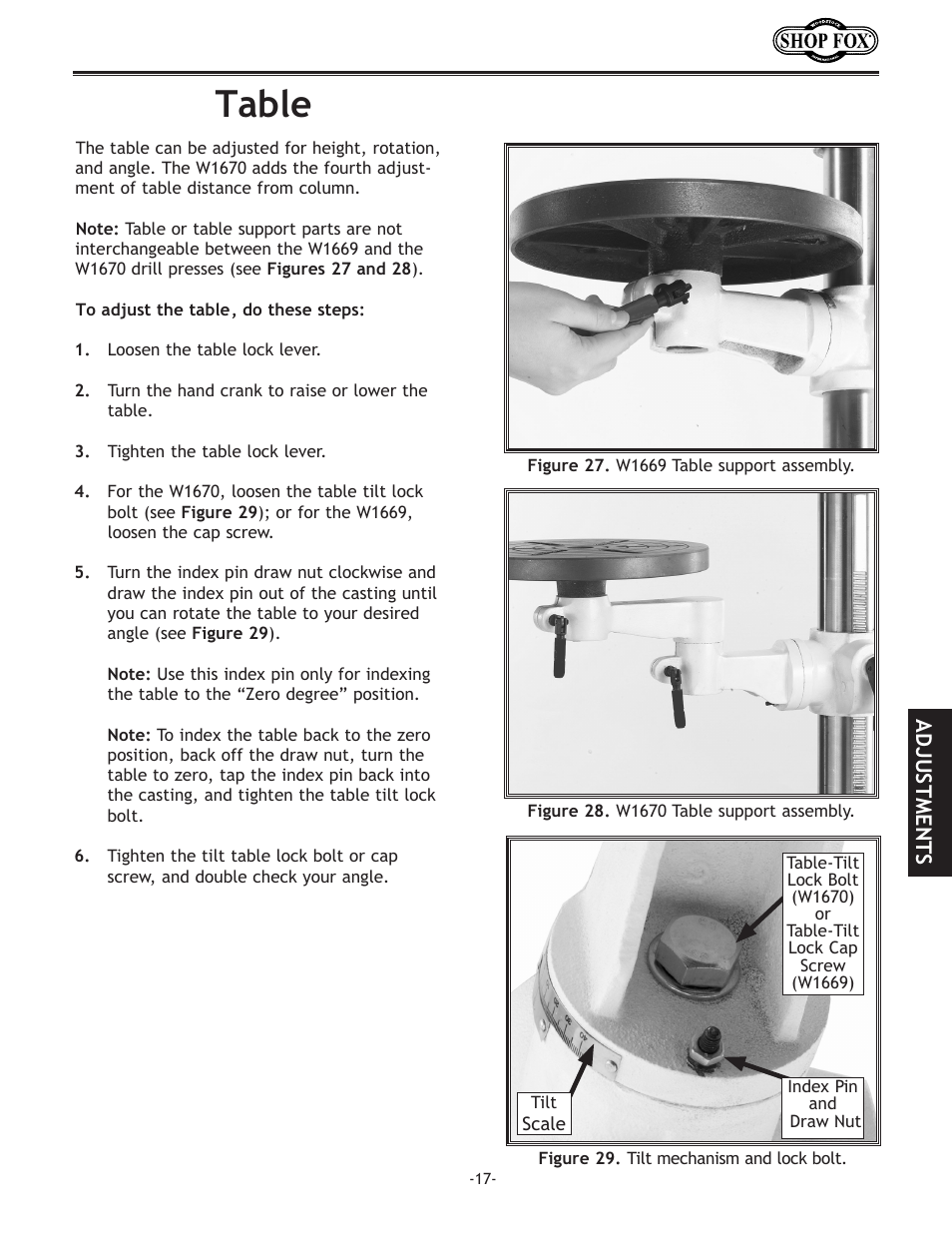 Table, Adjustments | Woodstock THE SHOP FOX D2722 User Manual | Page 19 / 44