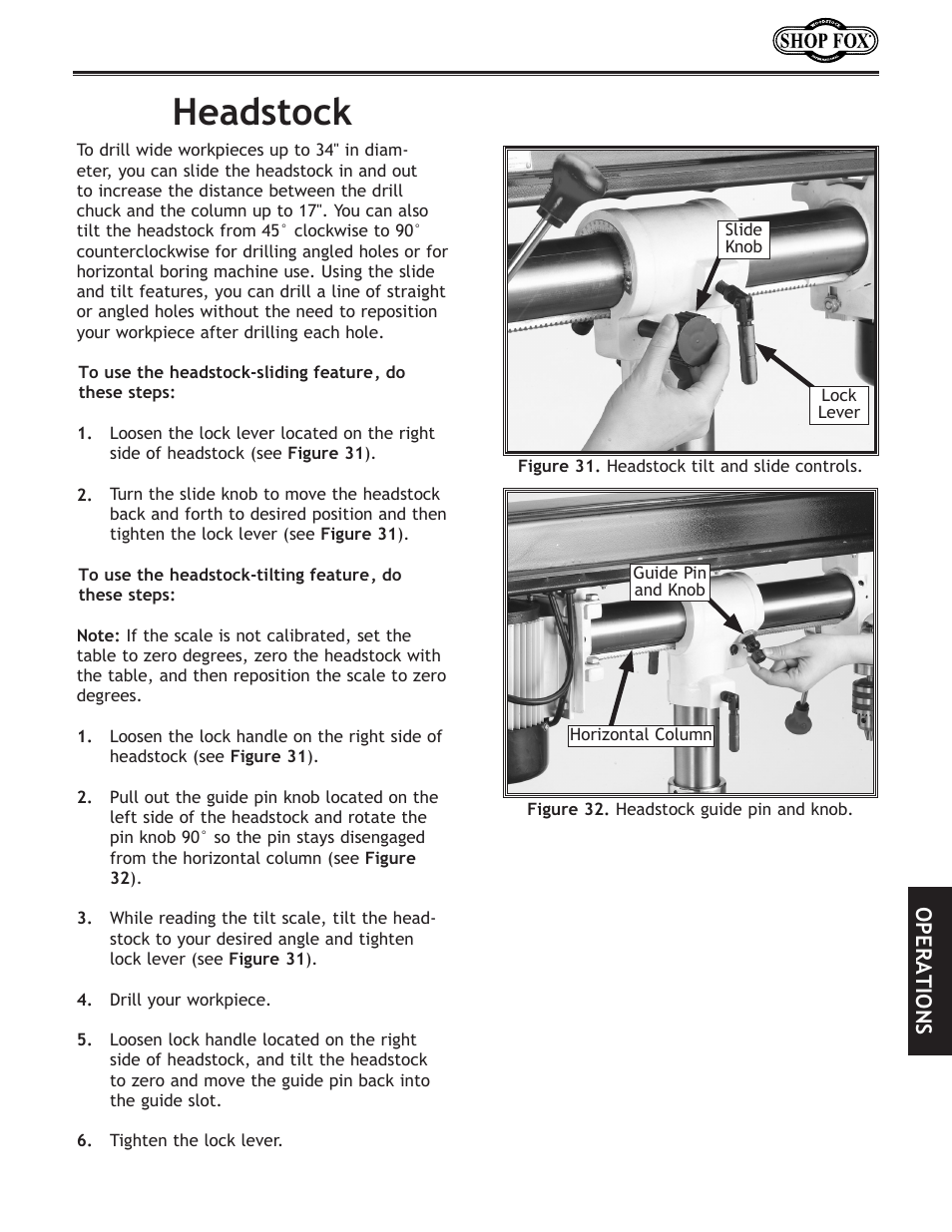 Headstock, Operations | Woodstock THE SHOP FOX D2722 User Manual | Page 21 / 44