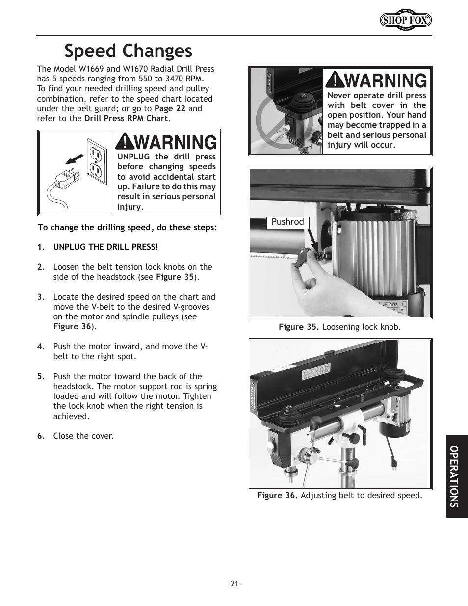 Speed.changes, Operations | Woodstock THE SHOP FOX D2722 User Manual | Page 23 / 44