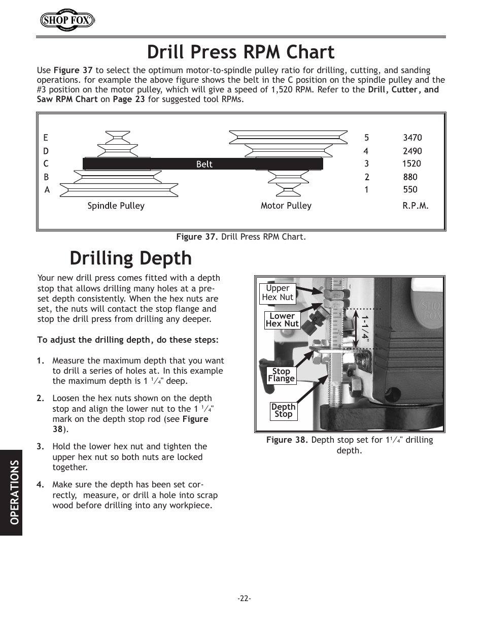 Drill.press.rpm.chart drilling.depth, Operations | Woodstock THE SHOP FOX D2722 User Manual | Page 24 / 44