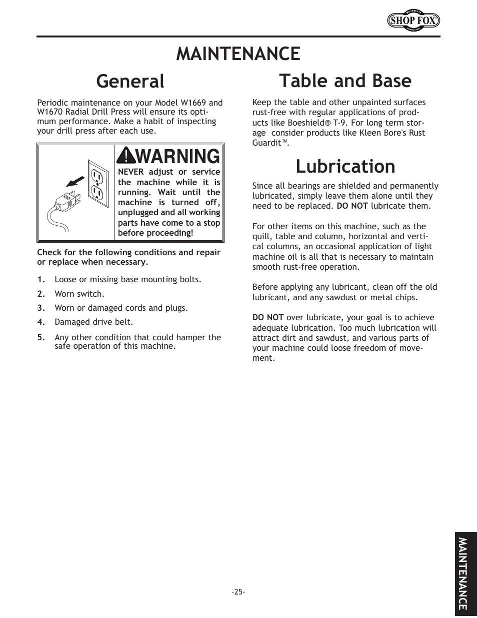 Table.and.base lubrication general maintenance | Woodstock THE SHOP FOX D2722 User Manual | Page 27 / 44