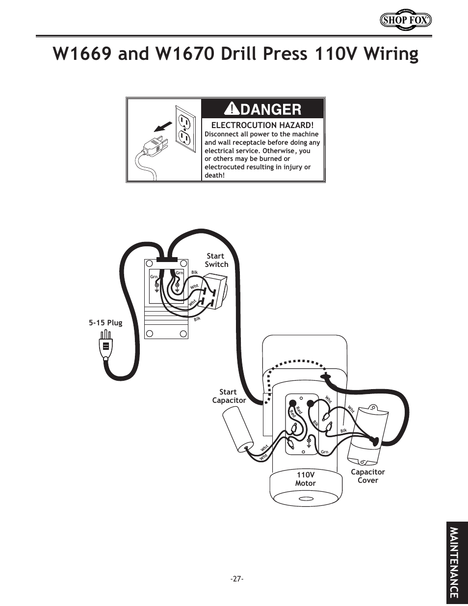 Maintenance, Electrocution hazard | Woodstock THE SHOP FOX D2722 User Manual | Page 29 / 44