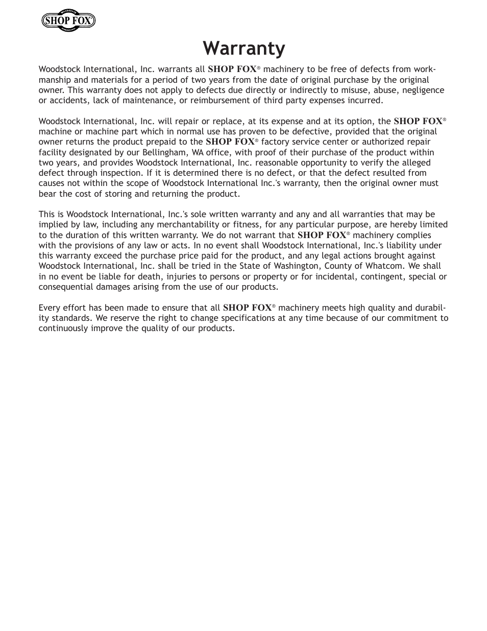 Warranty | Woodstock THE SHOP FOX D2722 User Manual | Page 40 / 44