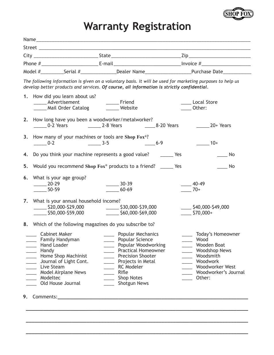 Warranty.registration | Woodstock THE SHOP FOX D2722 User Manual | Page 41 / 44
