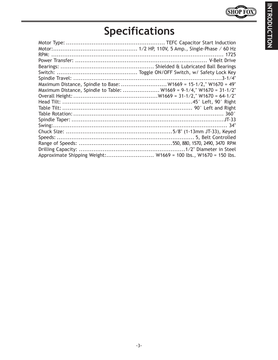 Specifications | Woodstock THE SHOP FOX D2722 User Manual | Page 5 / 44