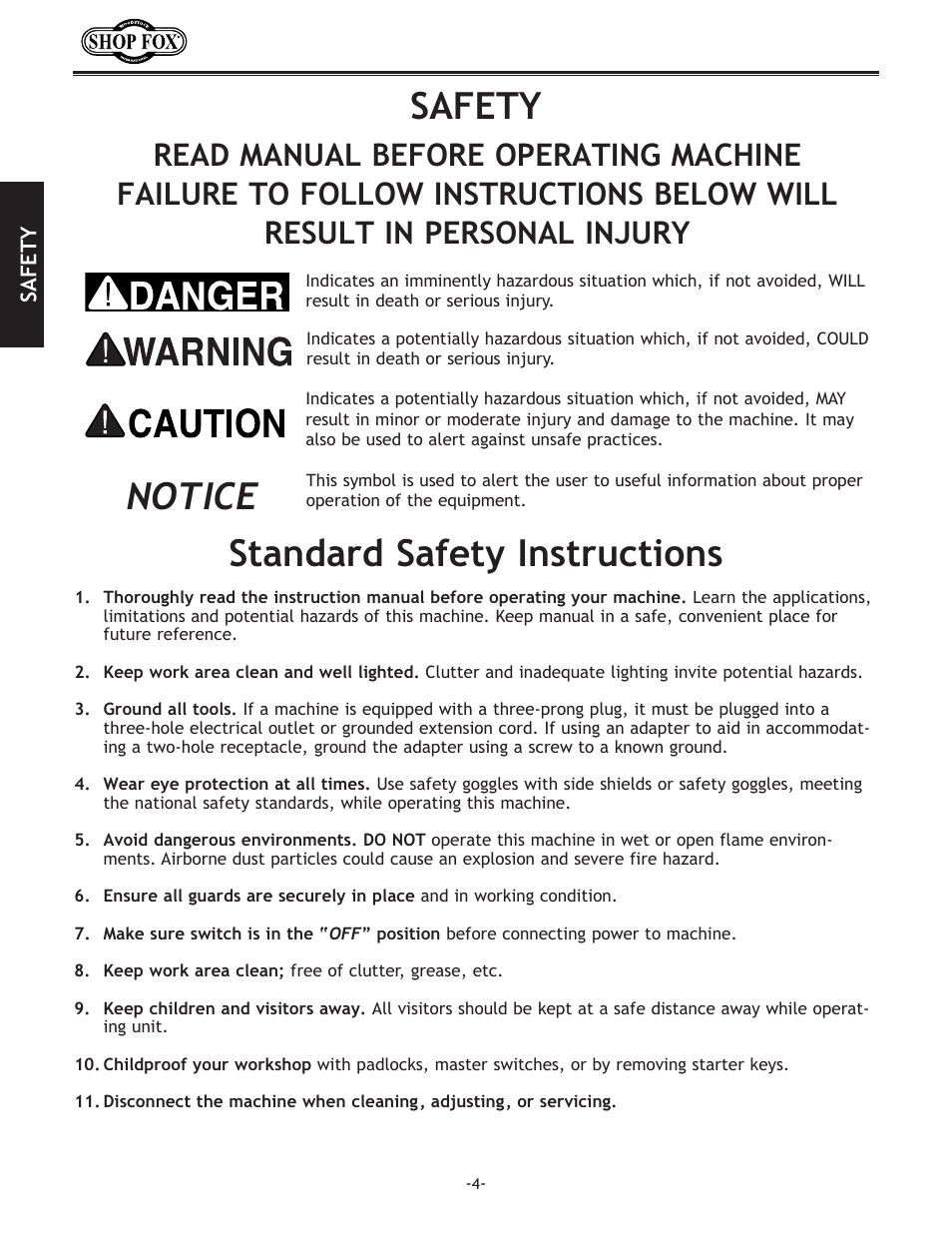 Notice safety standard.safety.instructions | Woodstock THE SHOP FOX D2722 User Manual | Page 6 / 44