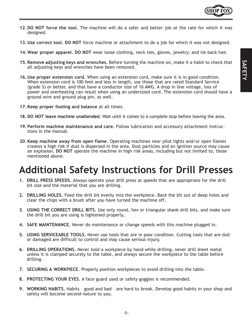 Additional.safety.instructions.for.drill.presses, Safety | Woodstock THE SHOP FOX D2722 User Manual | Page 7 / 44