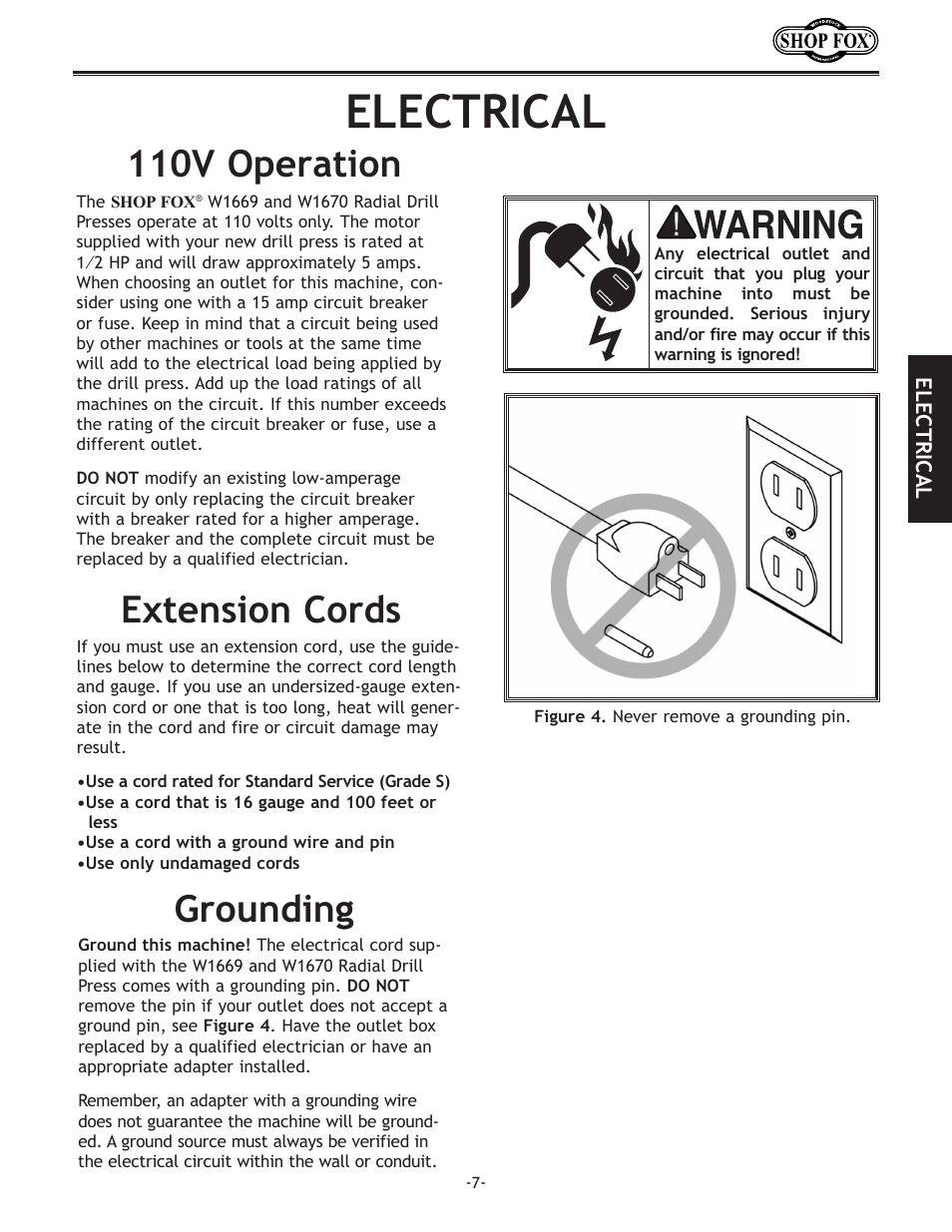 Electrical, Grounding, 110v.operation | Extension.cords | Woodstock THE SHOP FOX D2722 User Manual | Page 9 / 44