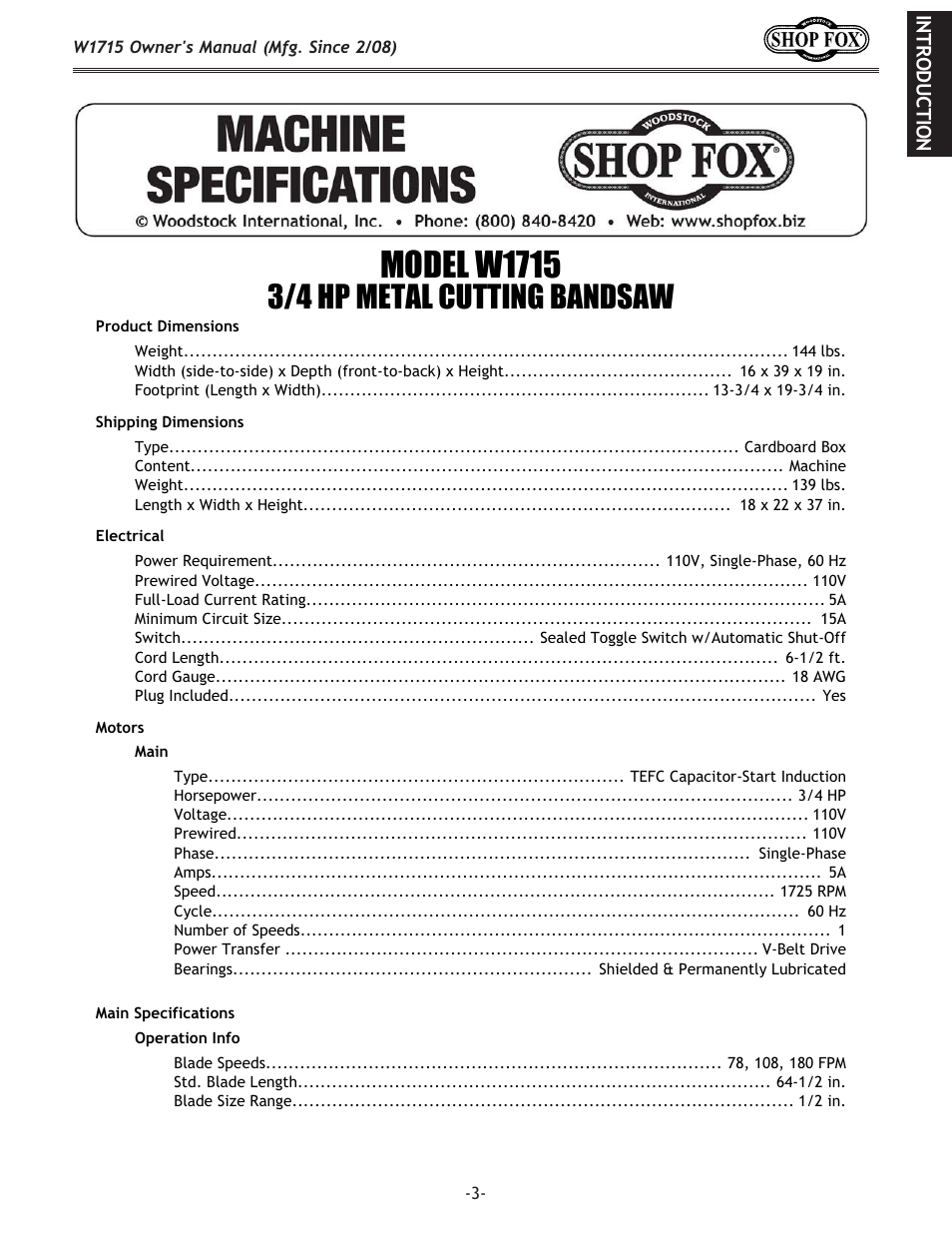 Woodstock SHOP FOX W1715 User Manual | Page 5 / 48