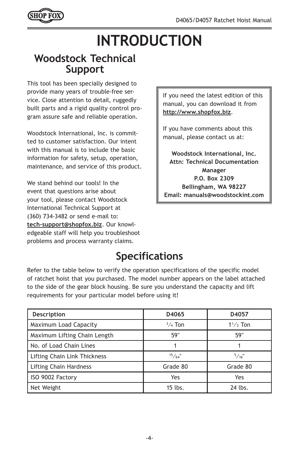 Introduction, Woodstock technical support, Specifications | Woodstock SHOPFOX D4065 User Manual | Page 6 / 12