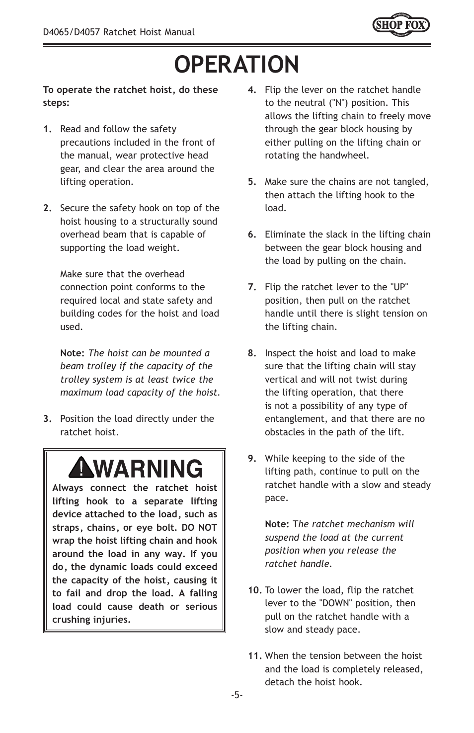 Operation | Woodstock SHOPFOX D4065 User Manual | Page 7 / 12
