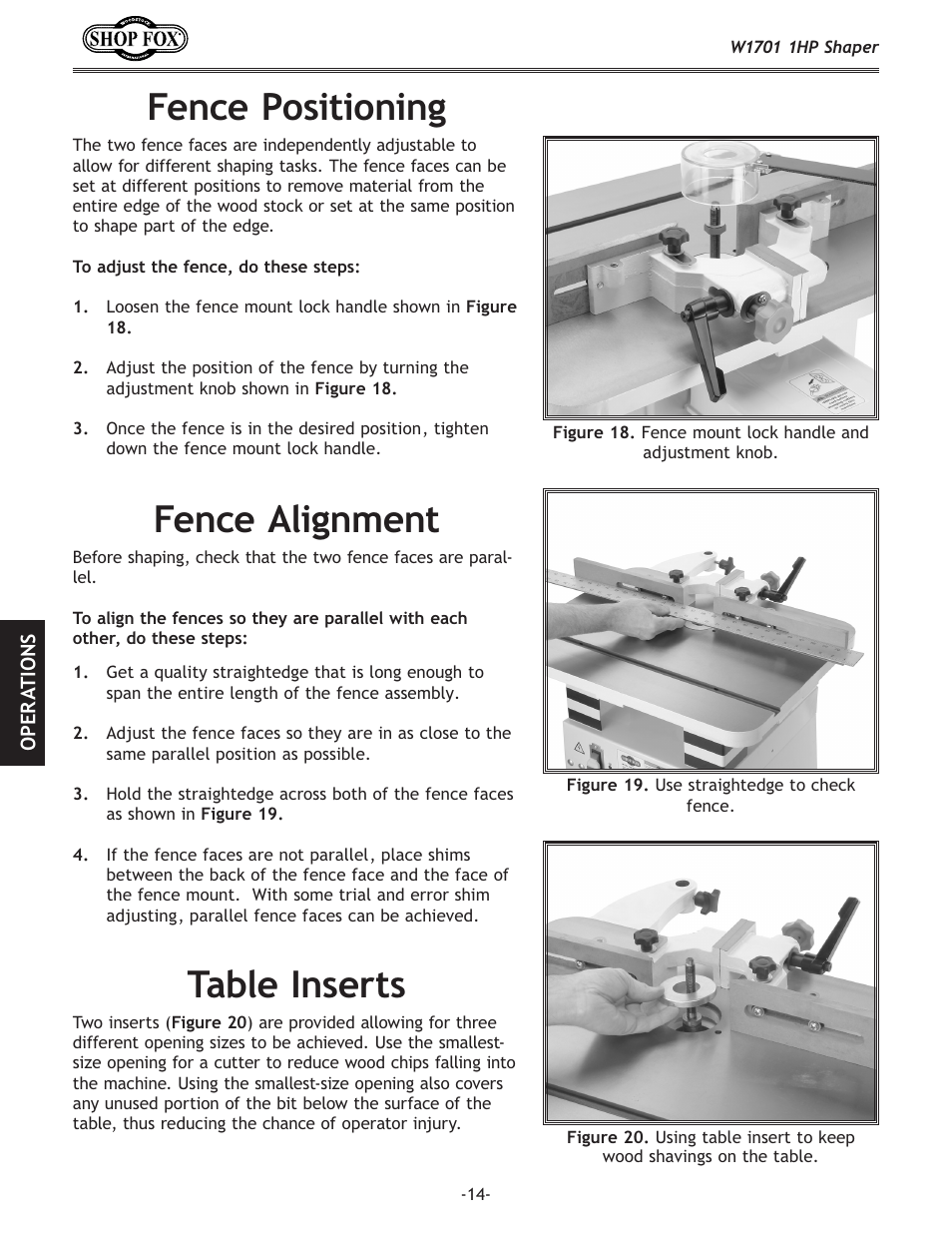 Fence positioning, Fence alignment, Table inserts | Woodstock SHOP FOX W1701 User Manual | Page 17 / 37