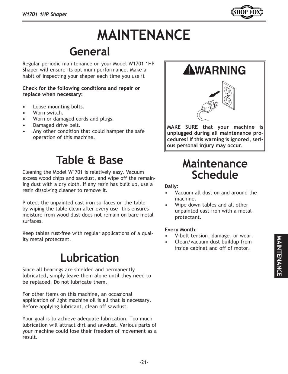 Maintenance, Lubrication table & base general, Maintenance schedule | Woodstock SHOP FOX W1701 User Manual | Page 24 / 37