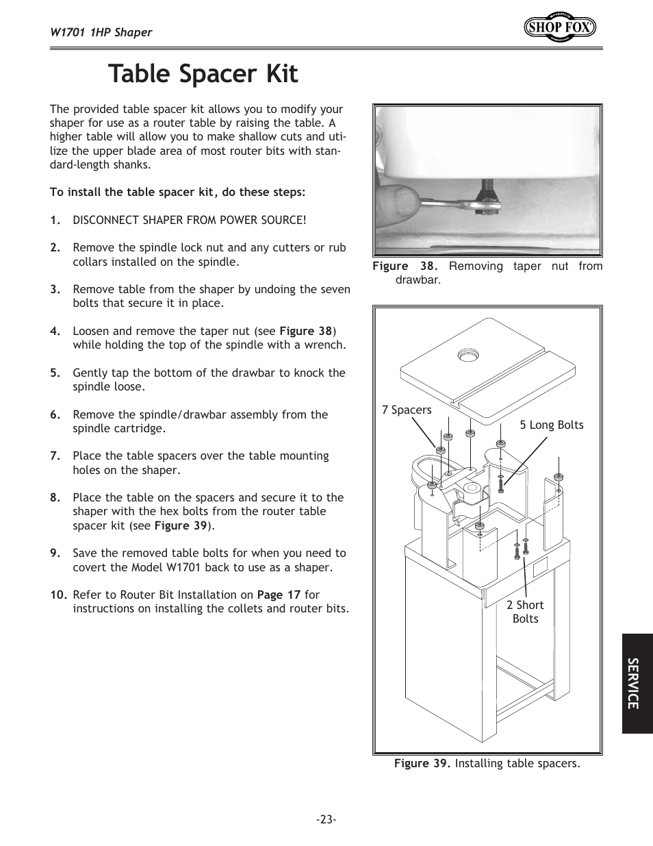 Table spacer kit | Woodstock SHOP FOX W1701 User Manual | Page 26 / 37