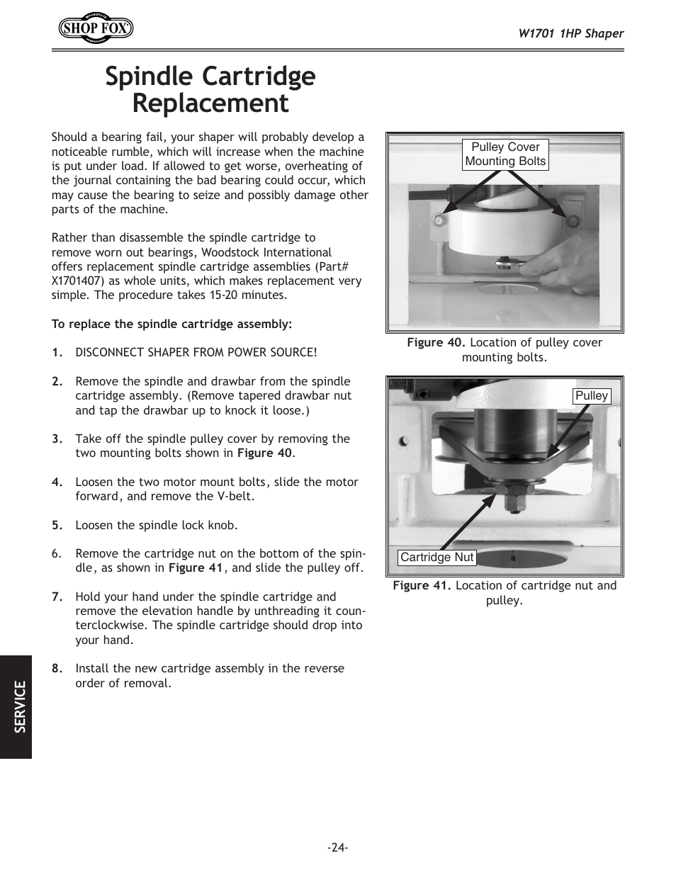 Spindle cartridge replacement | Woodstock SHOP FOX W1701 User Manual | Page 27 / 37