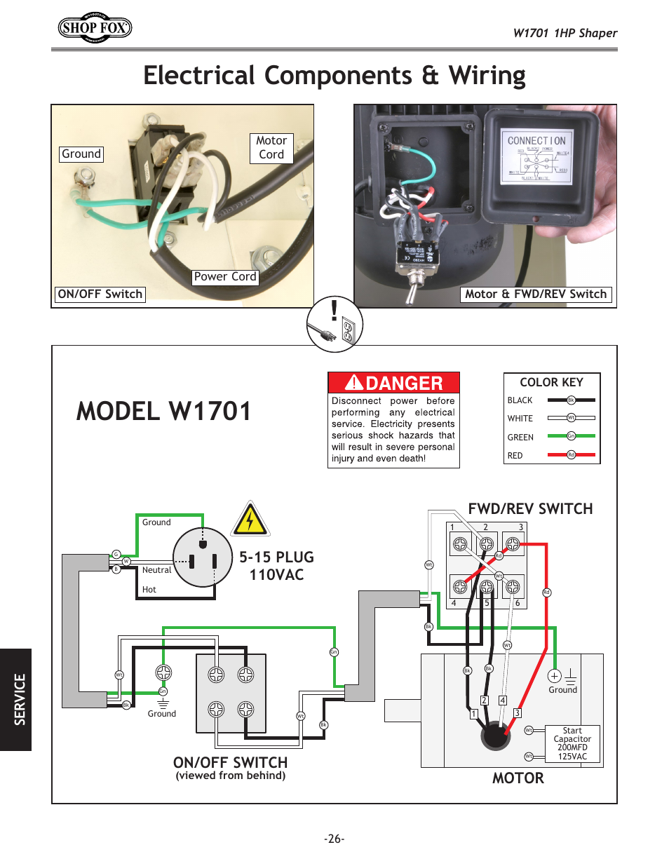 Electrical components & wiring, Se rv ic e | Woodstock SHOP FOX W1701 User Manual | Page 29 / 37