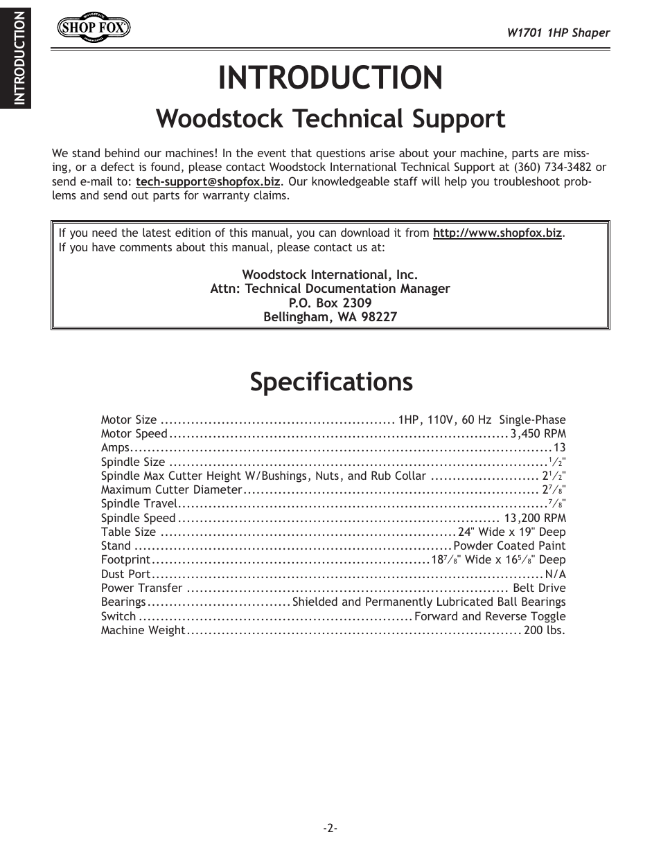 Introduction, Woodstock technical support, Specifications | Woodstock SHOP FOX W1701 User Manual | Page 5 / 37