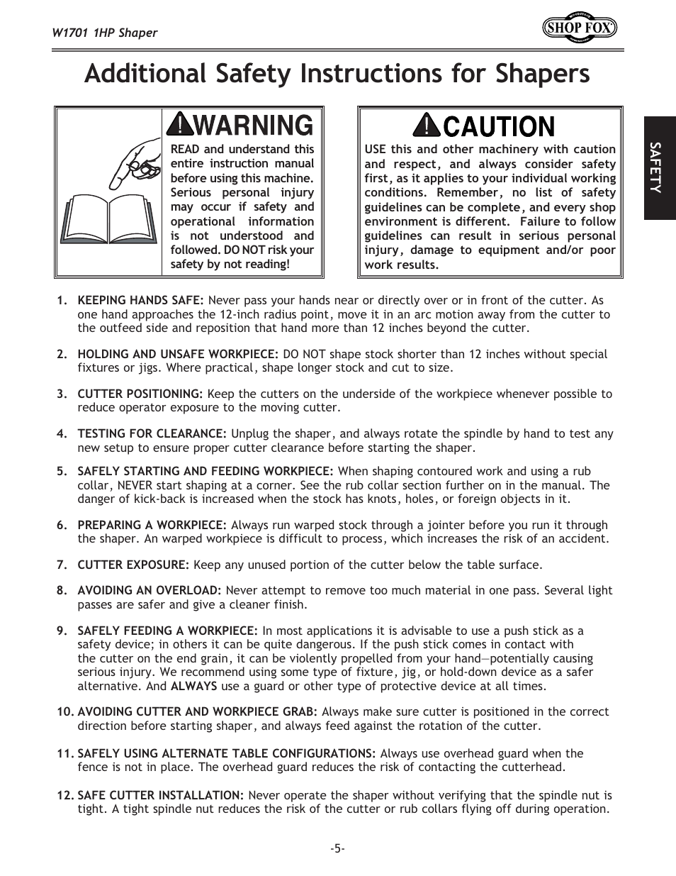 Additional safety instructions for shapers | Woodstock SHOP FOX W1701 User Manual | Page 8 / 37