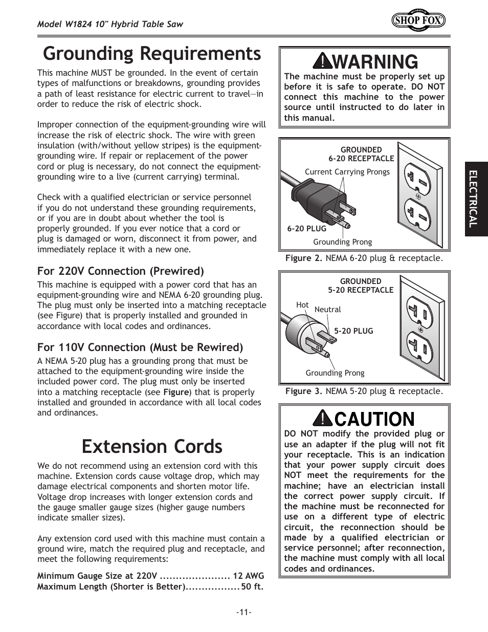 Grounding requirements extension cords | Woodstock SHOP FOX W1824 User Manual | Page 13 / 88