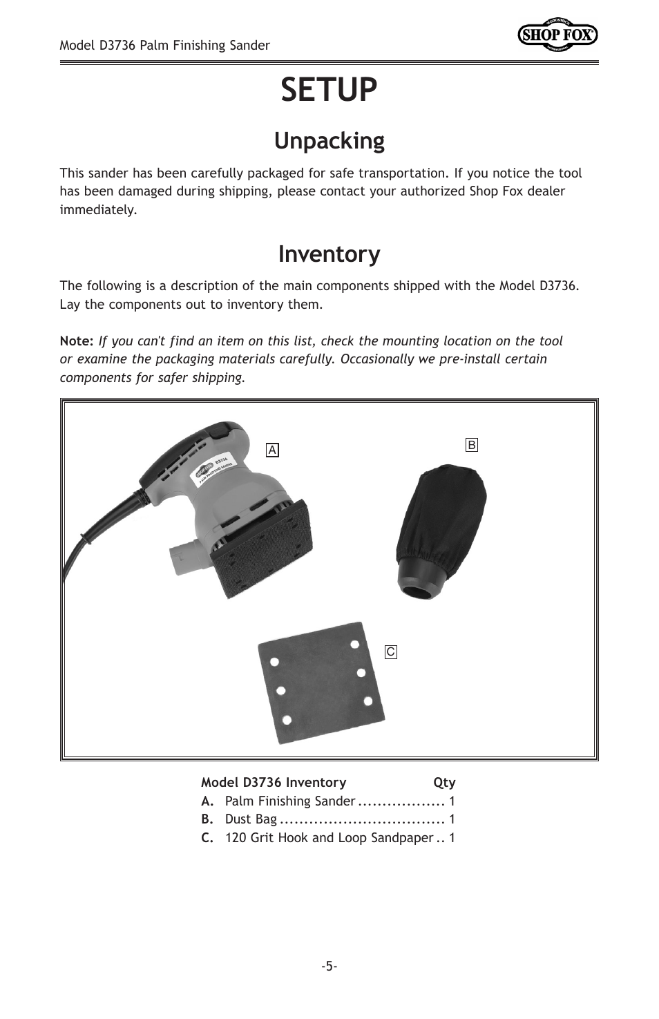 Setup, Inventory, Unpacking | Woodstock SHOP FOX D3736 User Manual | Page 7 / 16
