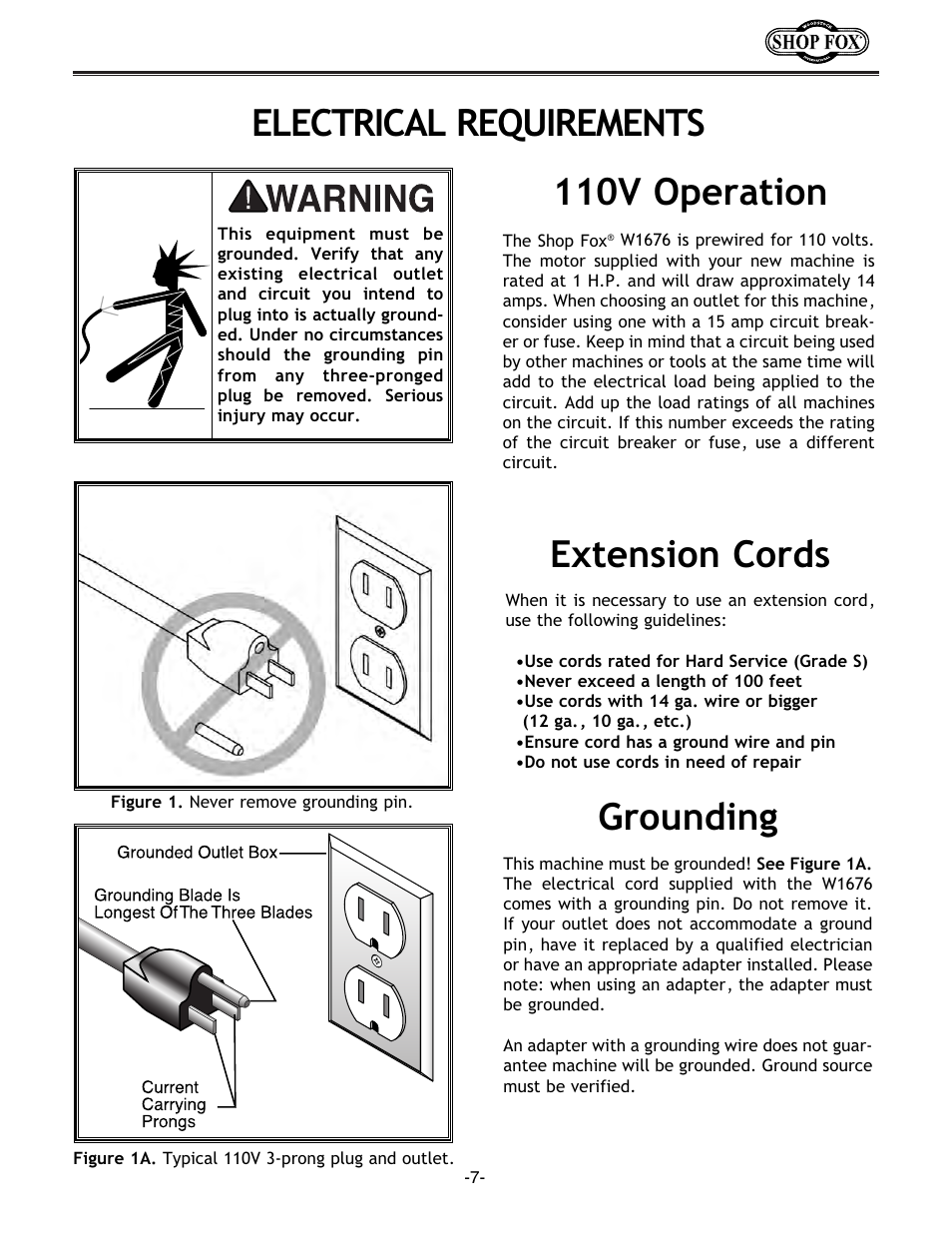 110v operation electrical requirements, Extension cords grounding | Woodstock W1676 User Manual | Page 9 / 38