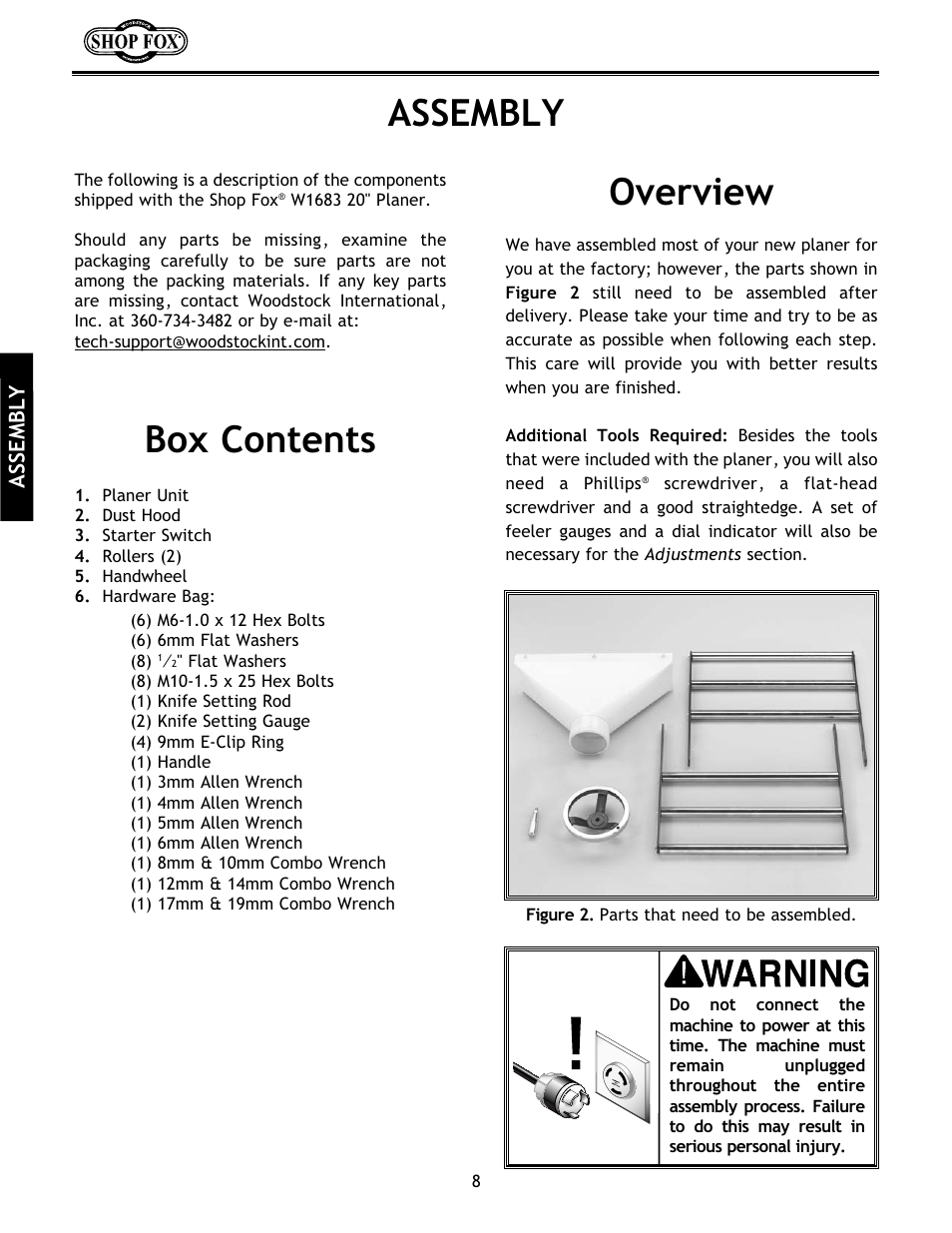 Box contents, Assembly, Overview | Woodstock International Shop Fox W1683 User Manual | Page 10 / 48