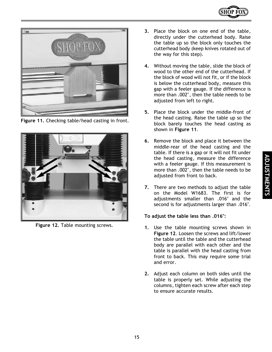 Adjustments | Woodstock International Shop Fox W1683 User Manual | Page 17 / 48