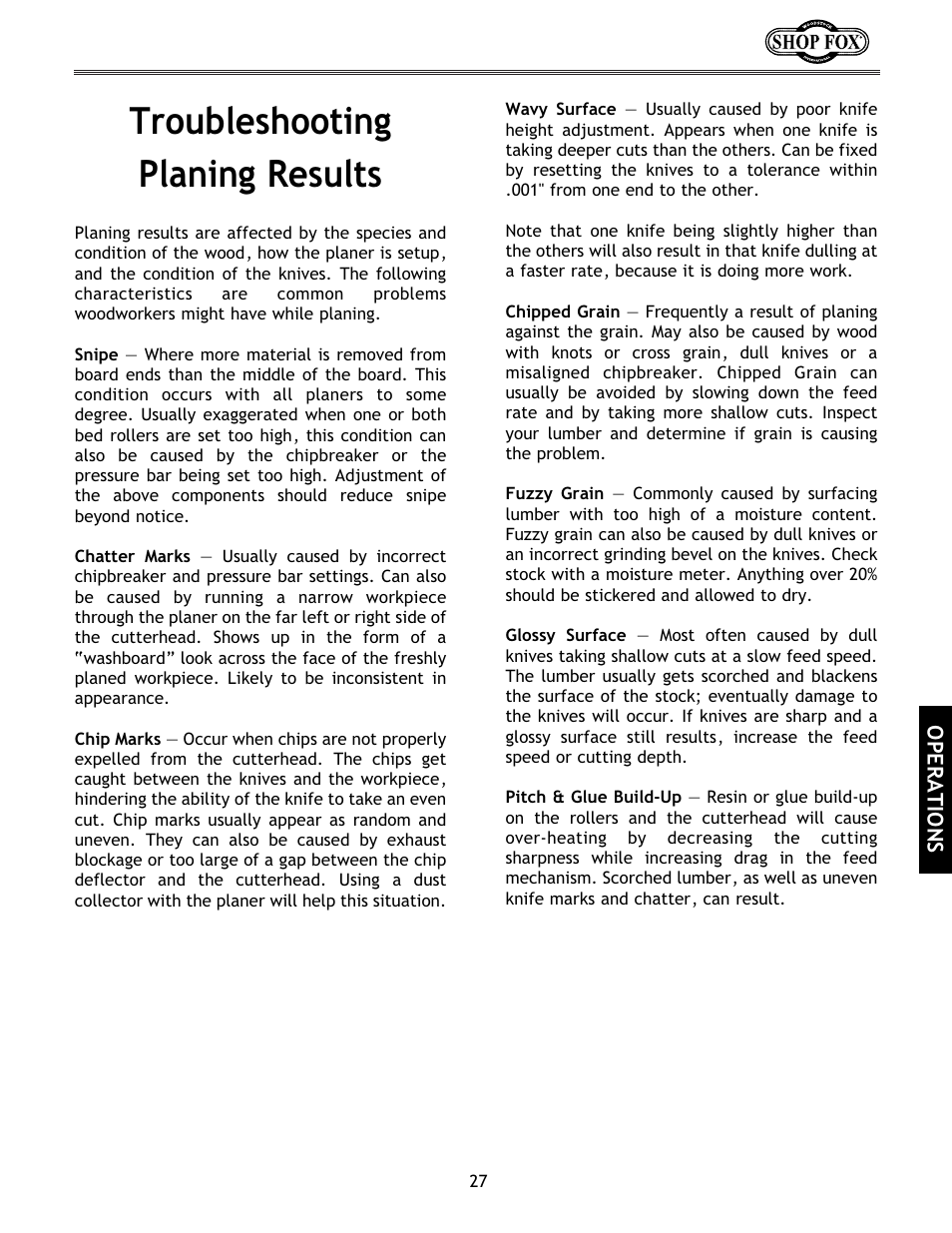 Troubleshooting planing results | Woodstock International Shop Fox W1683 User Manual | Page 29 / 48
