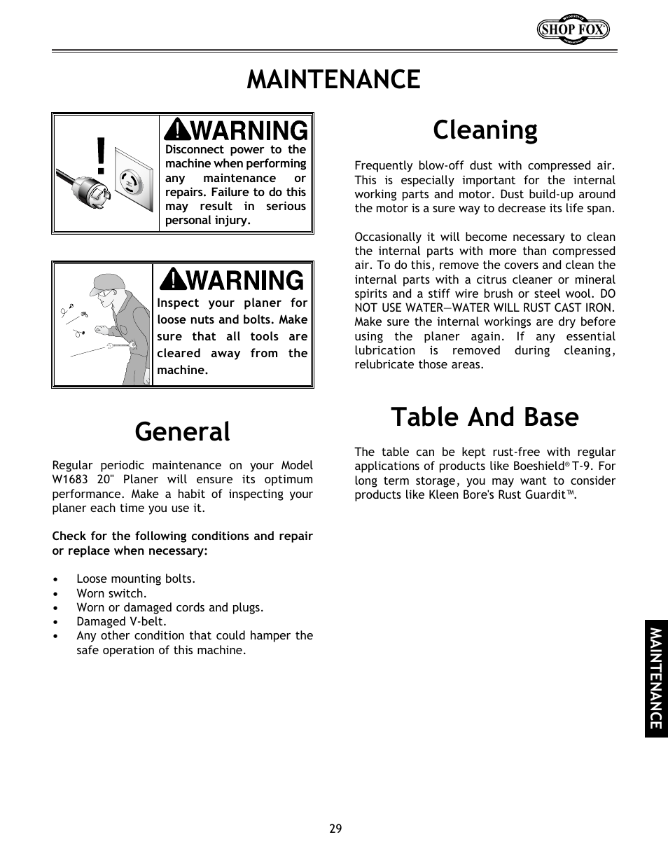 Maintenance, General cleaning, Table and base | Woodstock International Shop Fox W1683 User Manual | Page 31 / 48