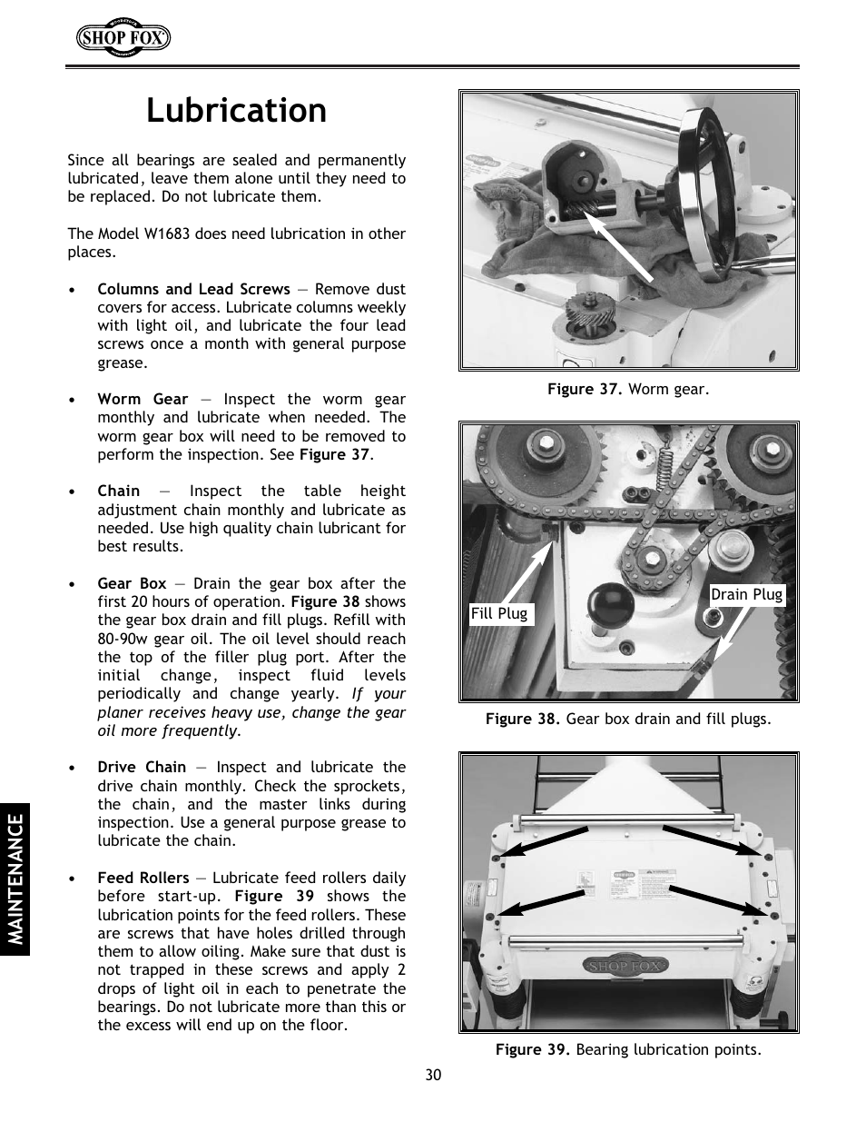 Lubrication | Woodstock International Shop Fox W1683 User Manual | Page 32 / 48