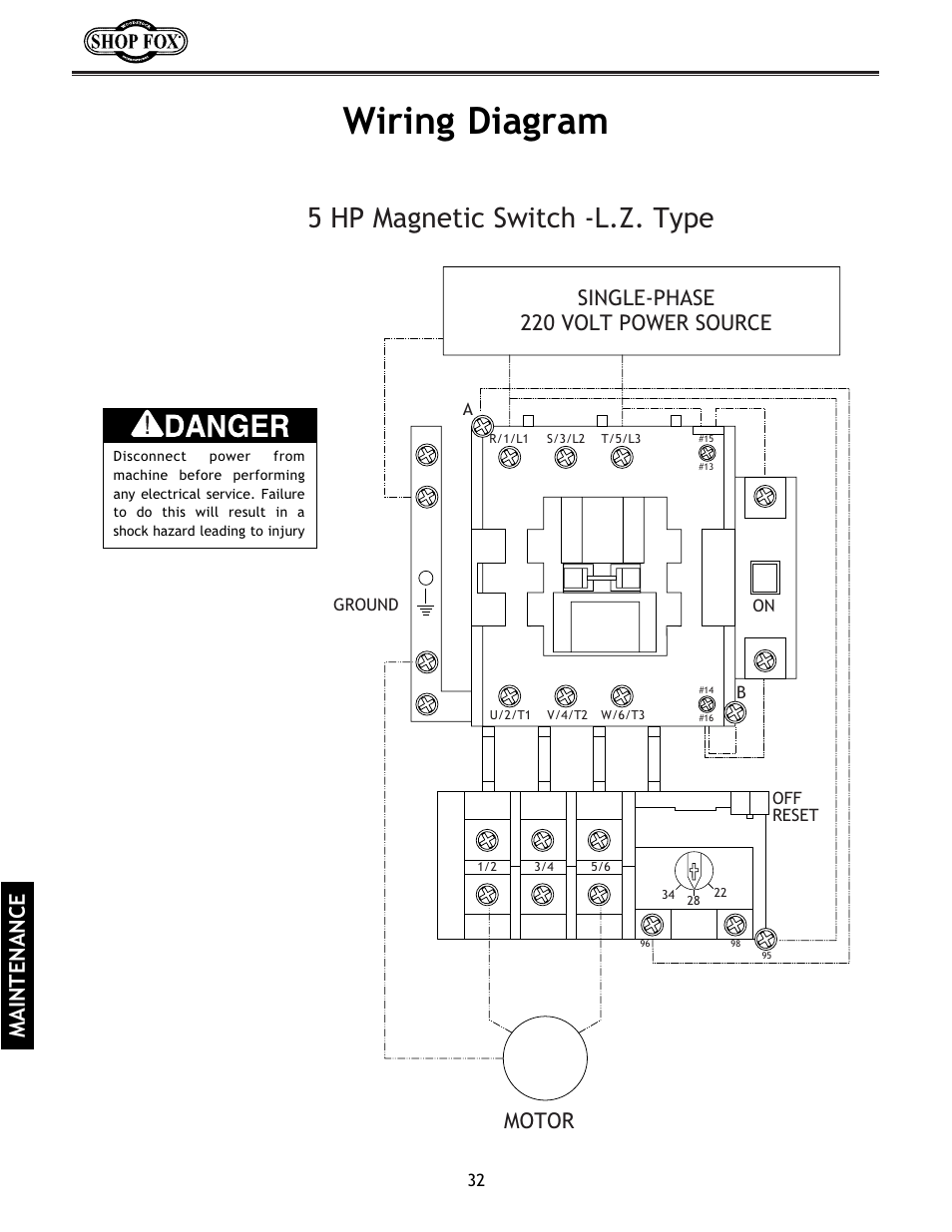 Wiring diagram, 5 hp magnetic switch -l.z. type, Single-phase 220 volt power source | Motor, Maintenance | Woodstock International Shop Fox W1683 User Manual | Page 34 / 48