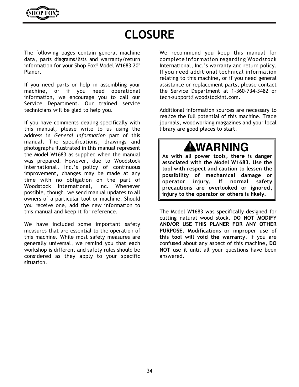 Closure | Woodstock International Shop Fox W1683 User Manual | Page 36 / 48