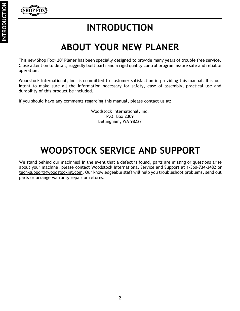 Introduction about your new planer, Woodstock service and support | Woodstock International Shop Fox W1683 User Manual | Page 4 / 48