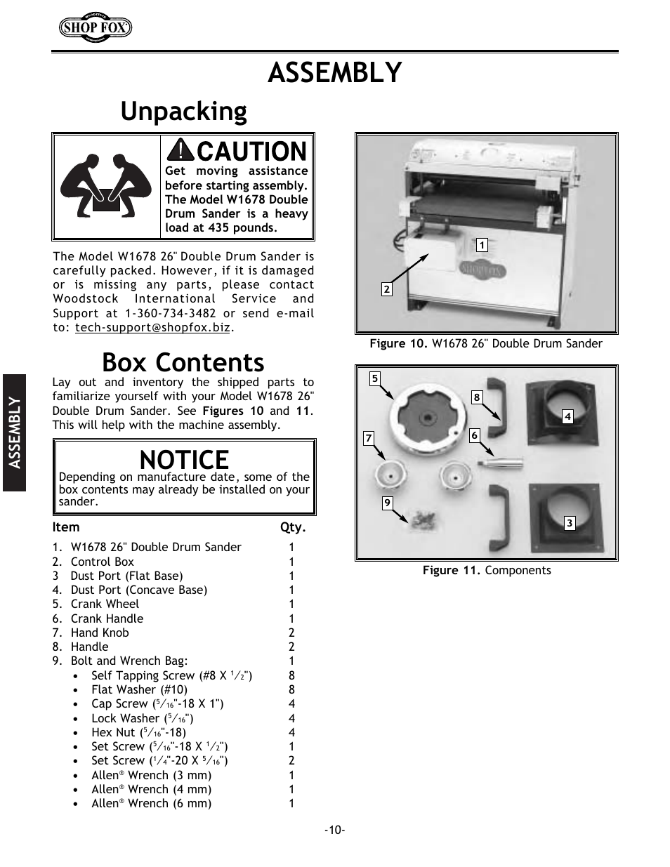 Unpacking, Box contents, Notice | Assembly | Woodstock SHOP FOX W1678 User Manual | Page 12 / 54