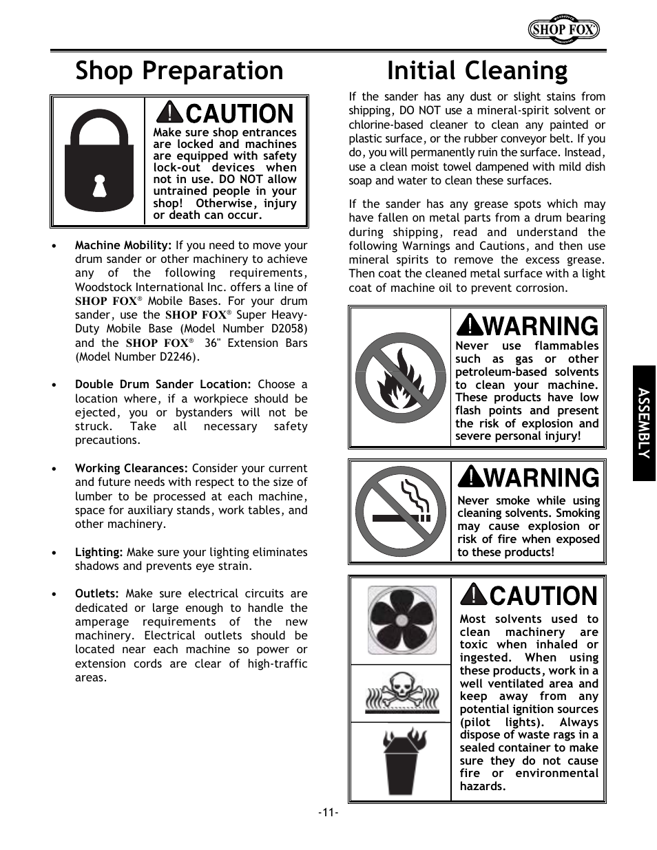 Shop preparation, Initial cleaning, Assembly | Woodstock SHOP FOX W1678 User Manual | Page 13 / 54