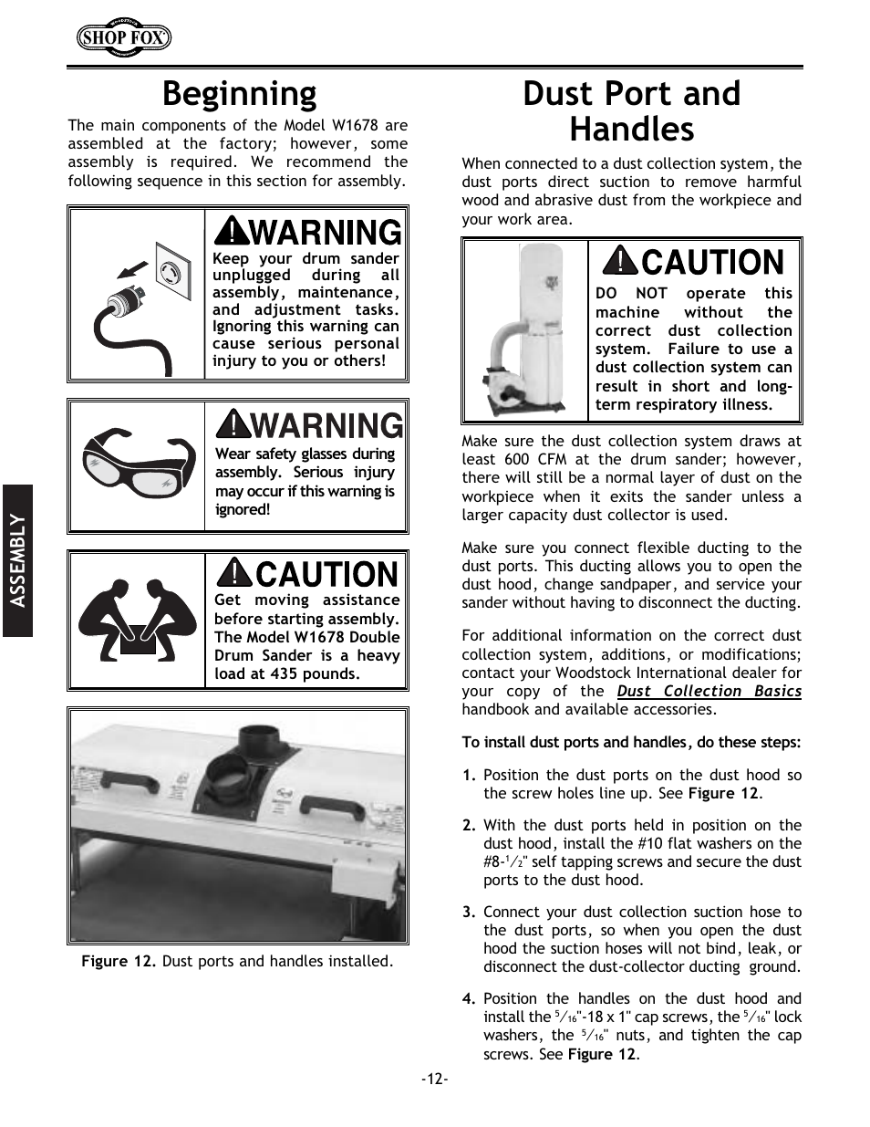 Beginning, Dust port and handles, Assembly | Woodstock SHOP FOX W1678 User Manual | Page 14 / 54