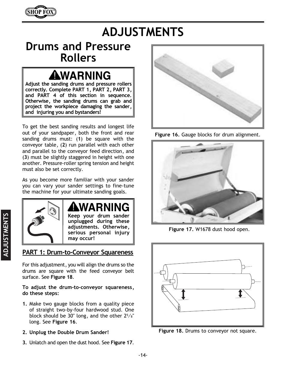 Adjustments, Drums and pressure rollers | Woodstock SHOP FOX W1678 User Manual | Page 16 / 54