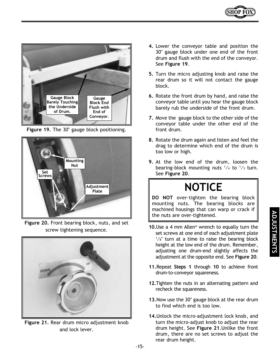 Notice, Adjustments | Woodstock SHOP FOX W1678 User Manual | Page 17 / 54
