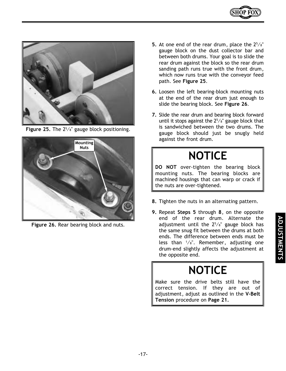 Notice, Adjustments | Woodstock SHOP FOX W1678 User Manual | Page 19 / 54