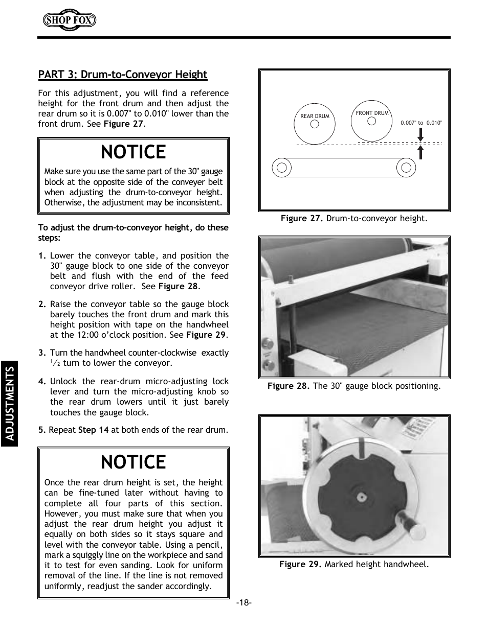 Notice, Adjustments, Part 3: drum-to-conveyor height | Woodstock SHOP FOX W1678 User Manual | Page 20 / 54
