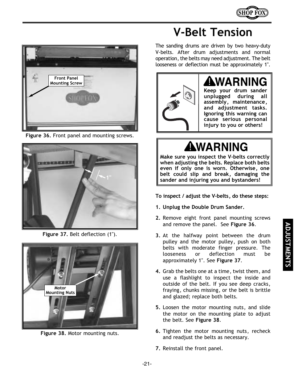 V-belt tension, Adjustments | Woodstock SHOP FOX W1678 User Manual | Page 23 / 54