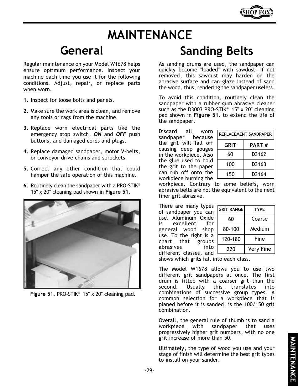 Maintenance, Sanding belts, General | Woodstock SHOP FOX W1678 User Manual | Page 31 / 54