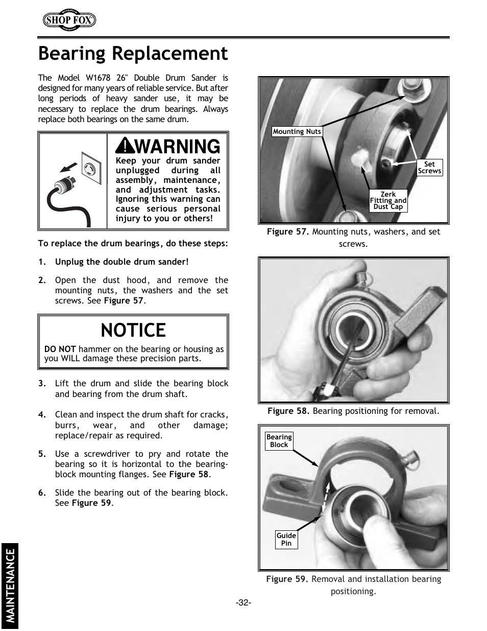 Bearing replacement, Notice, Maintenance | Woodstock SHOP FOX W1678 User Manual | Page 34 / 54