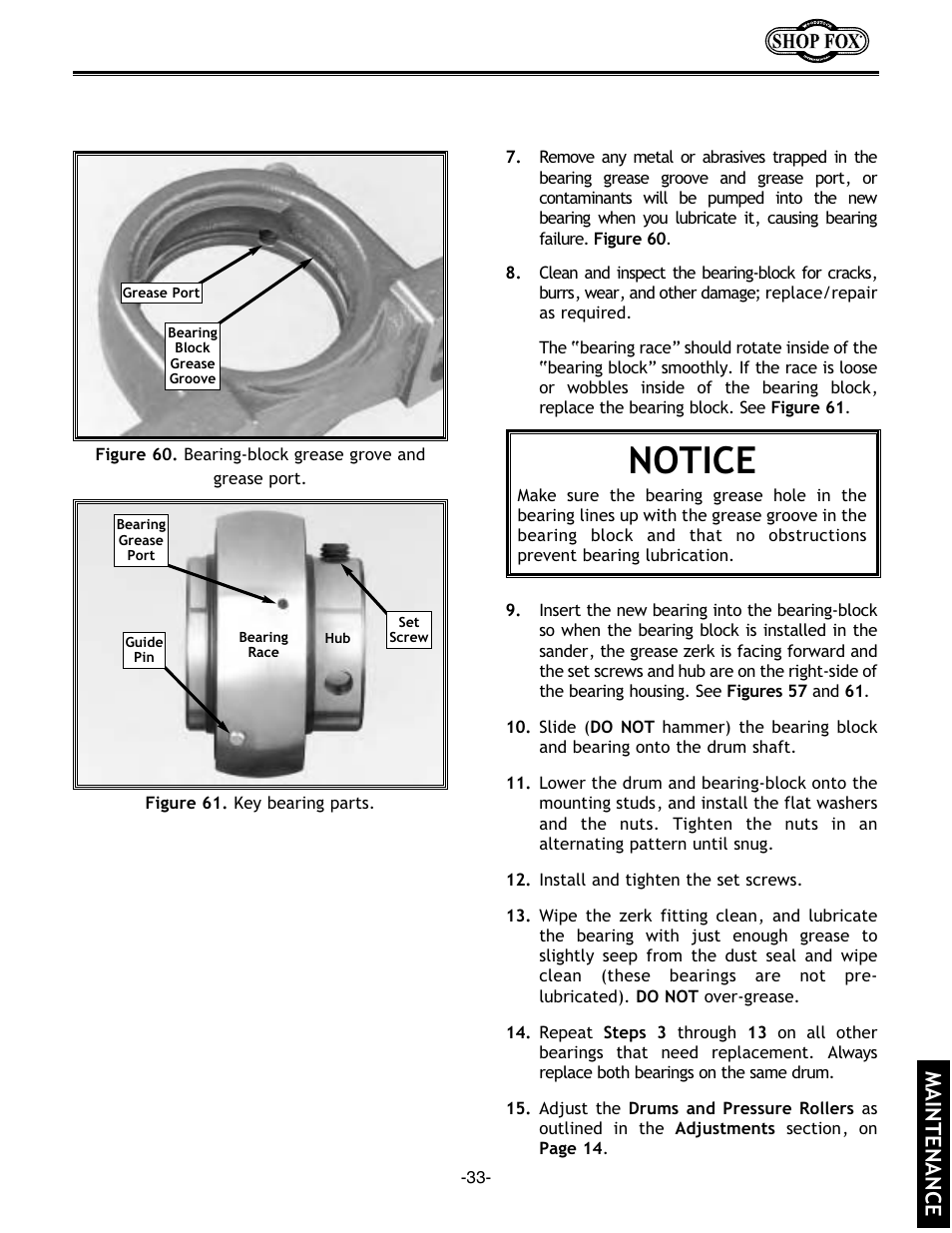 Notice, Maintenance | Woodstock SHOP FOX W1678 User Manual | Page 35 / 54