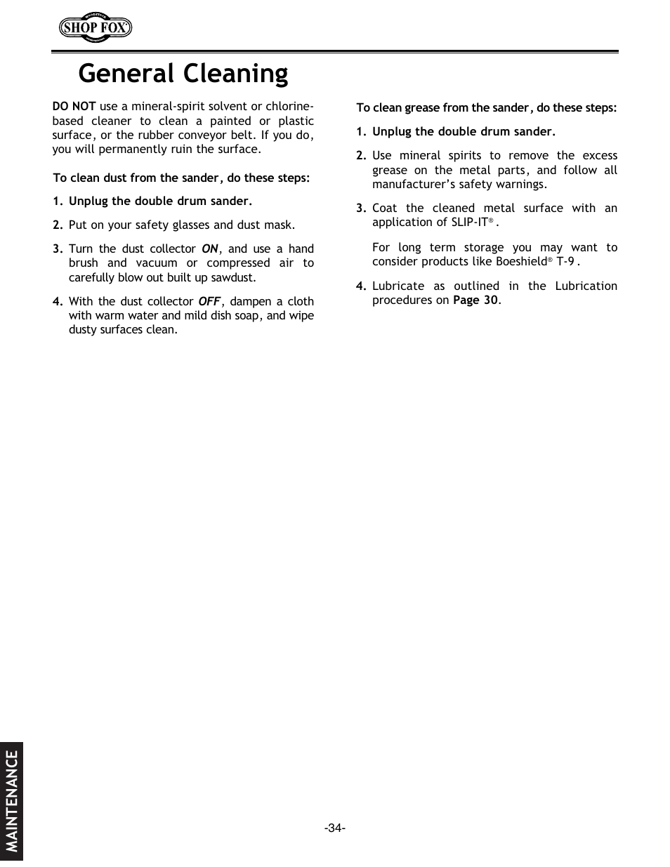General cleaning, Maintenance | Woodstock SHOP FOX W1678 User Manual | Page 36 / 54