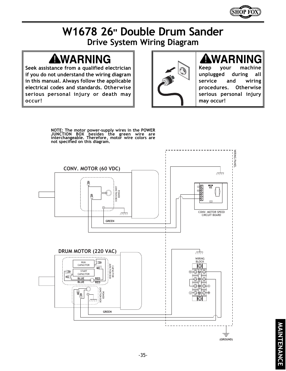 Drive system wiring diagram, Maintenance | Woodstock SHOP FOX W1678 User Manual | Page 37 / 54