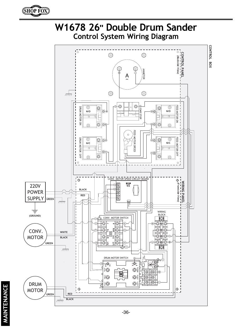 Control system wiring diagram, Maintenance, Drum motor conv. motor 220v power supply | Woodstock SHOP FOX W1678 User Manual | Page 38 / 54