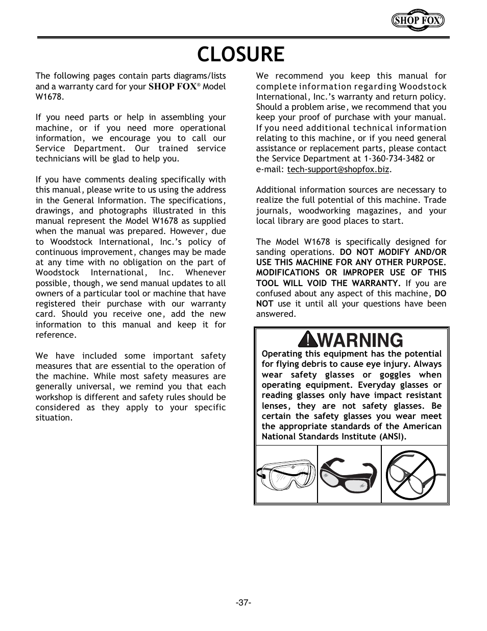 Closure | Woodstock SHOP FOX W1678 User Manual | Page 39 / 54